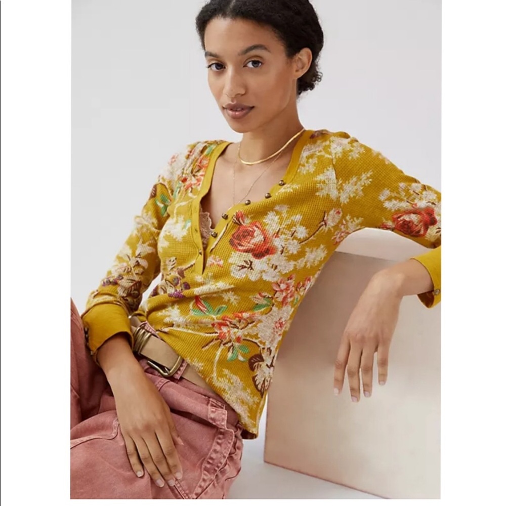Pilcro Anthropologie Floral Mustard Yellow Waffle Knit Henley Top